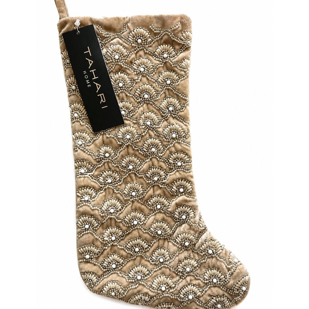 Tahari Home Luxury Christmas Stocking Beige Velvet Pearl Beaded 22" Satin Lined